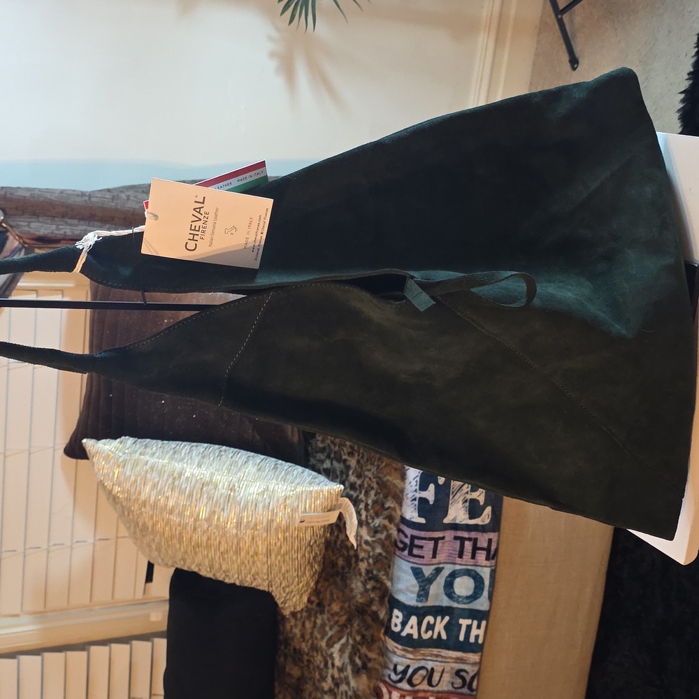 CHEVEL FIRENZA GENUINE ITALIAN LEATHER  DARK GREEN SUEDE TOTE BAG - Picture 3 of 7